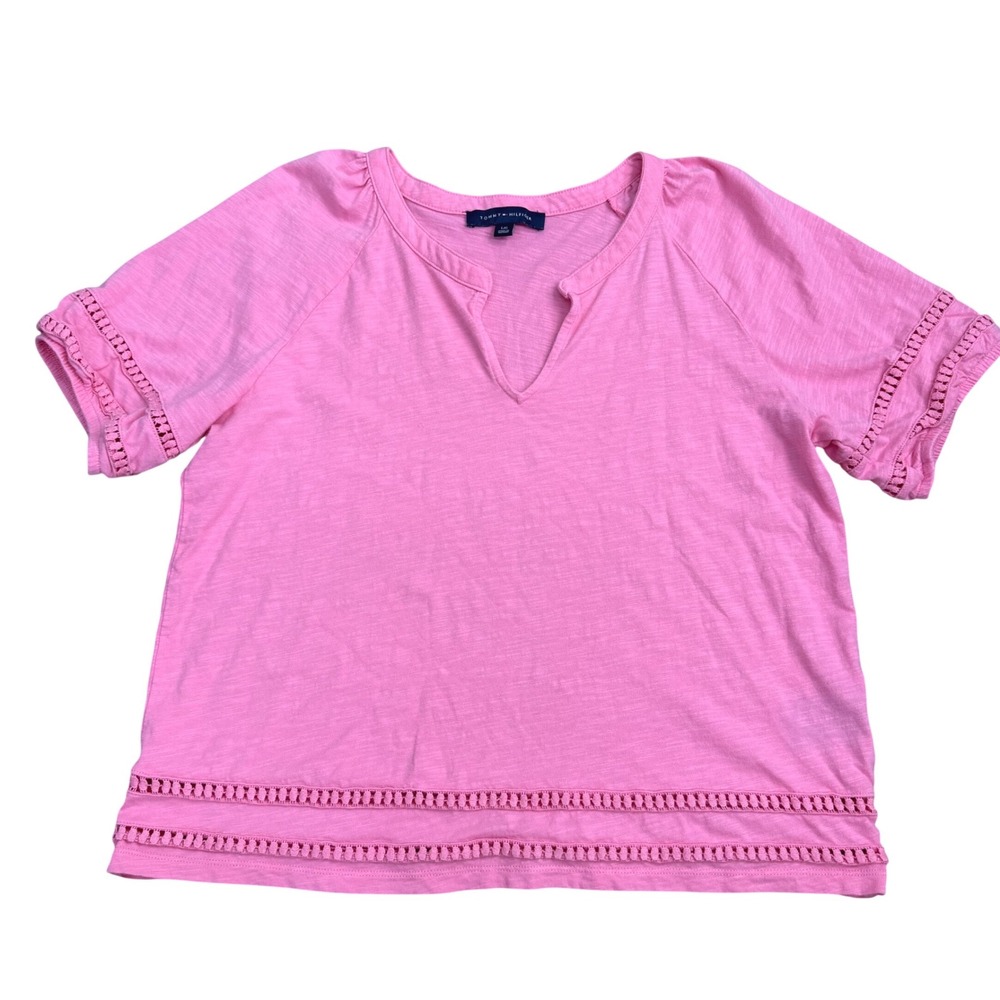 Tommy Hilfiger Crochet Trim Top Women Size L Pink 100% Cotton Casual
Preppy